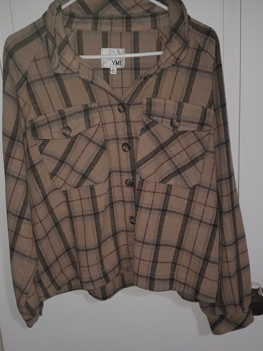 YMI Women’s Tan Plaid Button-Front Utility Jacket